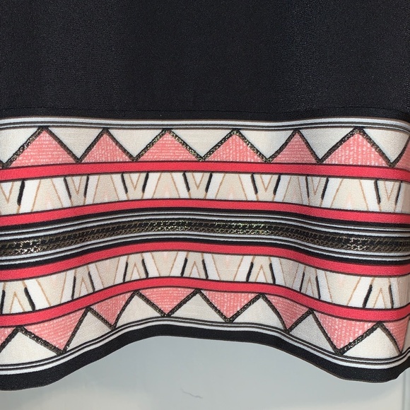 WHBM Boho Chic Dress, Black Stretch Knit, Geometric Trim, 3/4 Sleeves, Vee Neck - Picture 4 of 10